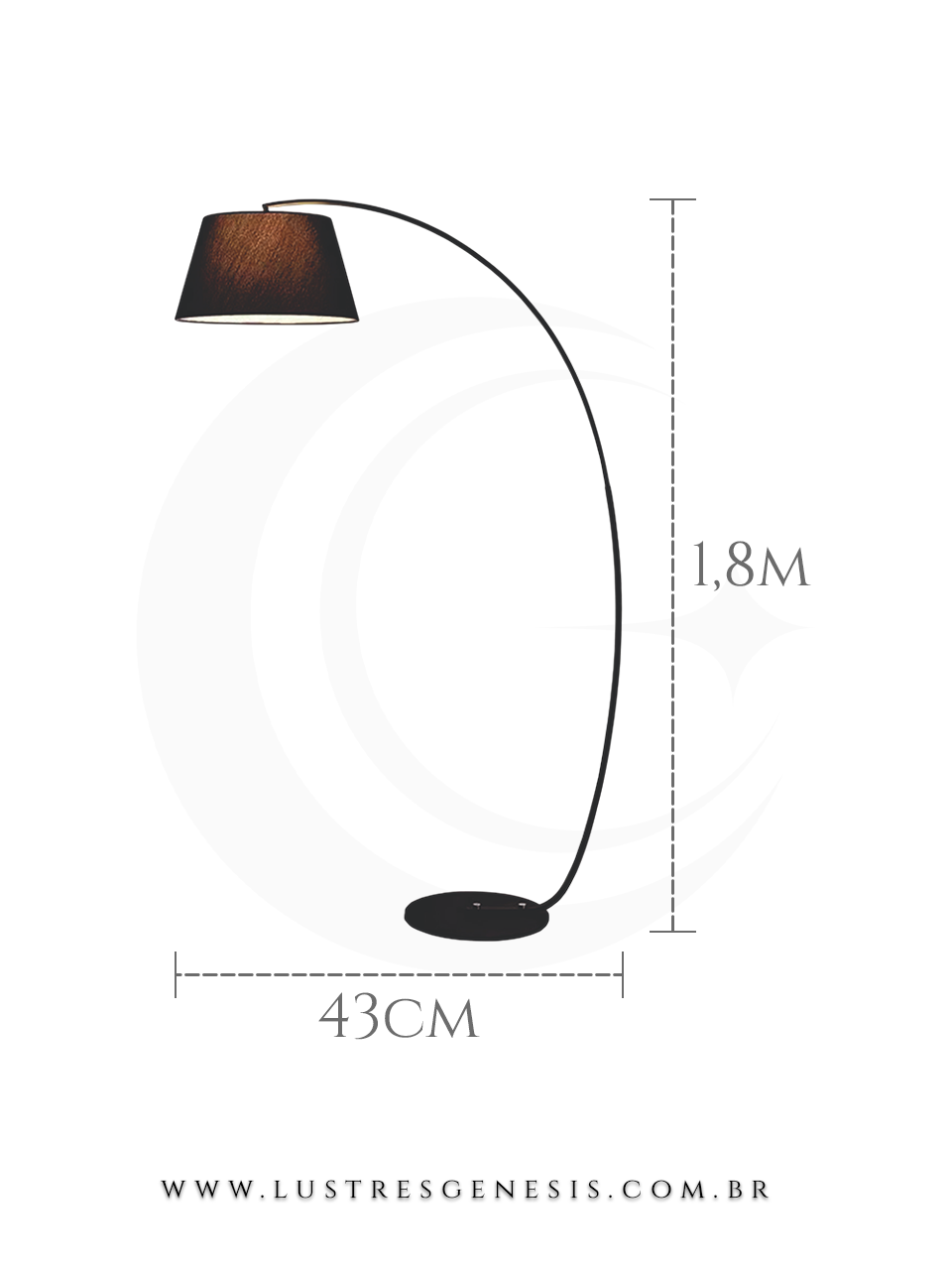 Luminária de chão coluna com cúpula preta Crooked, com 1,8 metros de altura e 43 centímetros de base, ideal para sala de estar, quartos e escritórios.